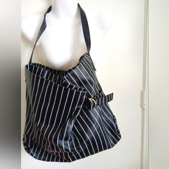ZARA XL Pinstriped Leather Trim Shoulder Bag NEW NWOT - Picture 4 of 6
